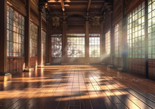 Sunlit wooden dojo floor